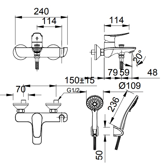 bản vẽ kích thước sen tắm nóng lạnh bfv-503s