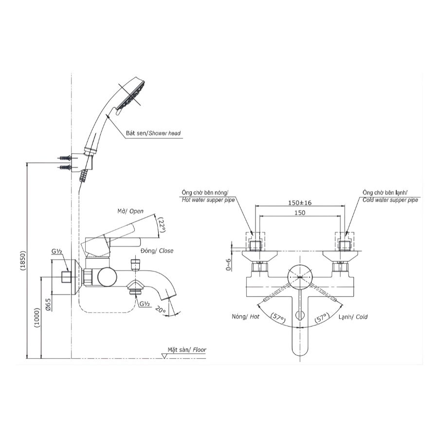 bản vẽ kích thước sen nóng lạnh toto tbg11302va