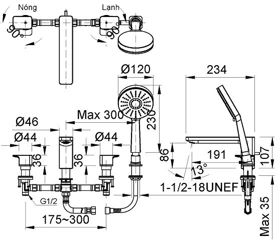 bản vẽ kích thước sen xả bồn tắm inax bfv-5013s