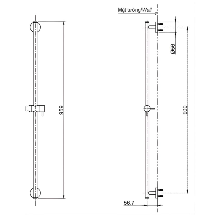 bản vẽ kích thước thanh trượt sen toto tbw01015b