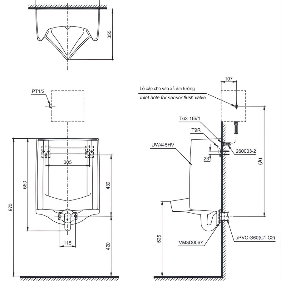ban ve ky thuat tieu nam treo tuong toto ut445h