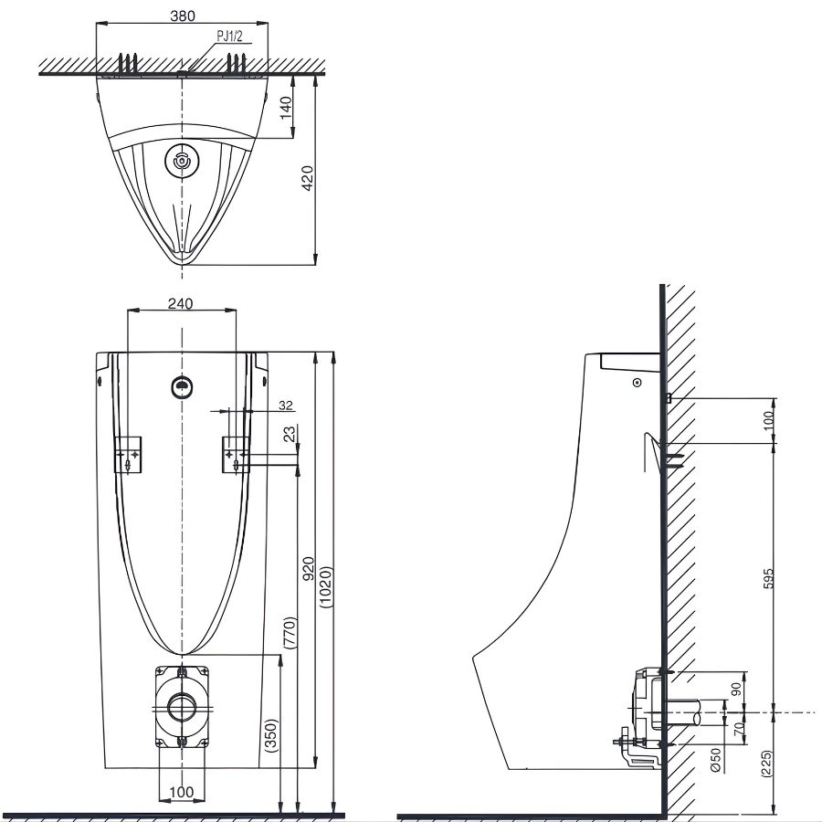 bản vẽ kích thước tiểu nam treo tường toto uswn900as cảm ứng