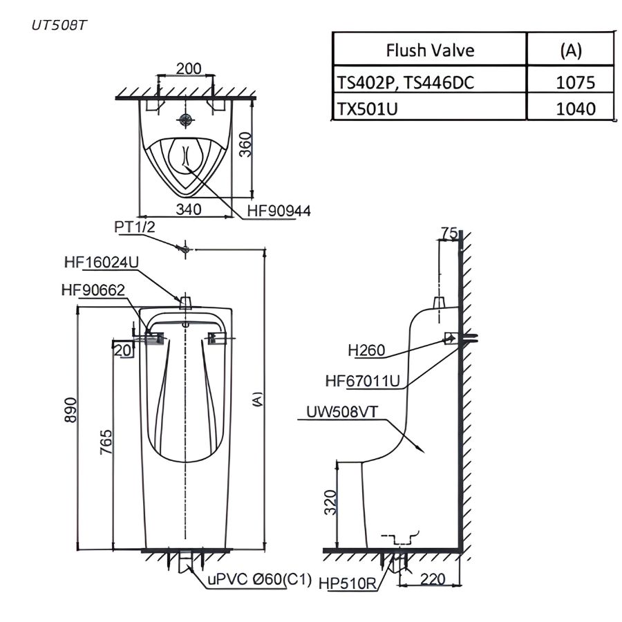 ban ve ky thuat tieu nam treo tuong toto ut508t