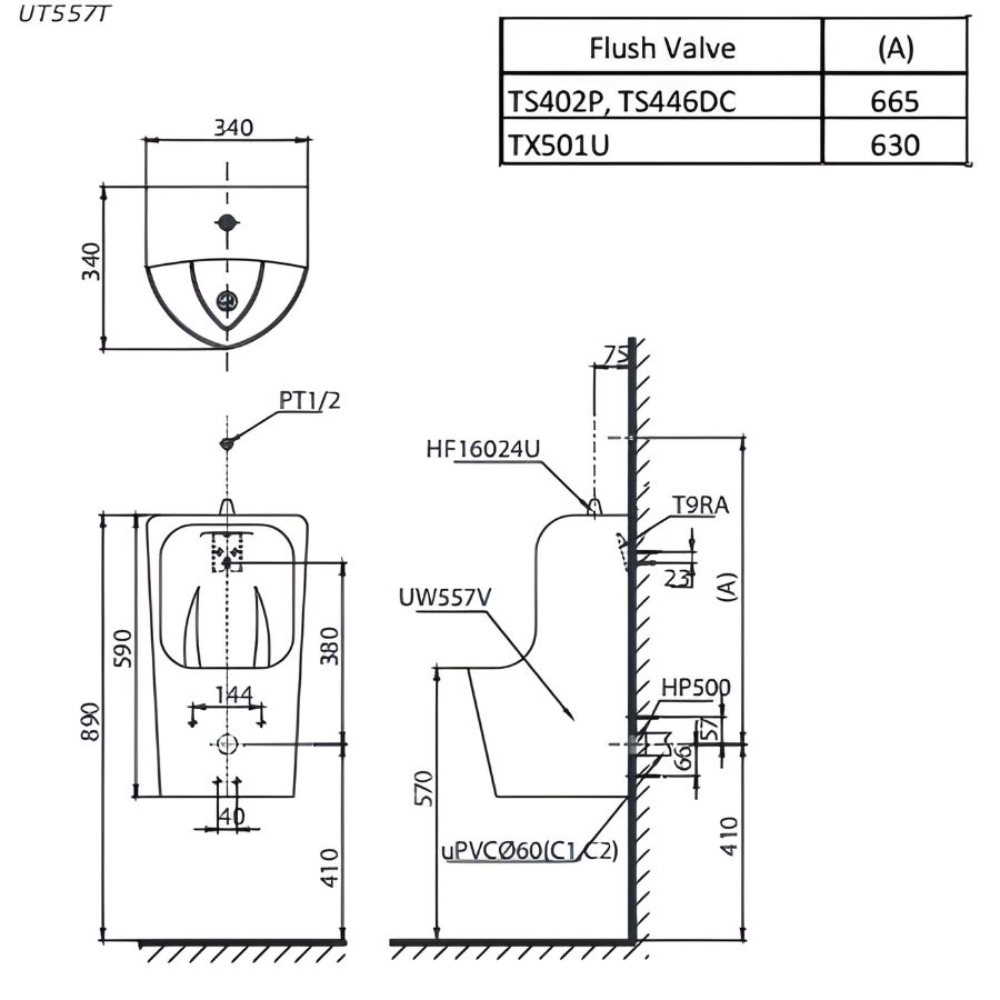bản vẽ kích thước tiểu nam treo tường toto ut557t
