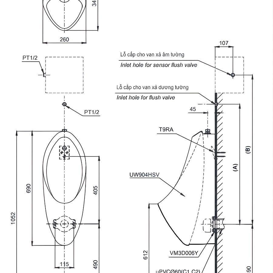 bản vẽ kích thước tiểu nam treo tường toto ut904n