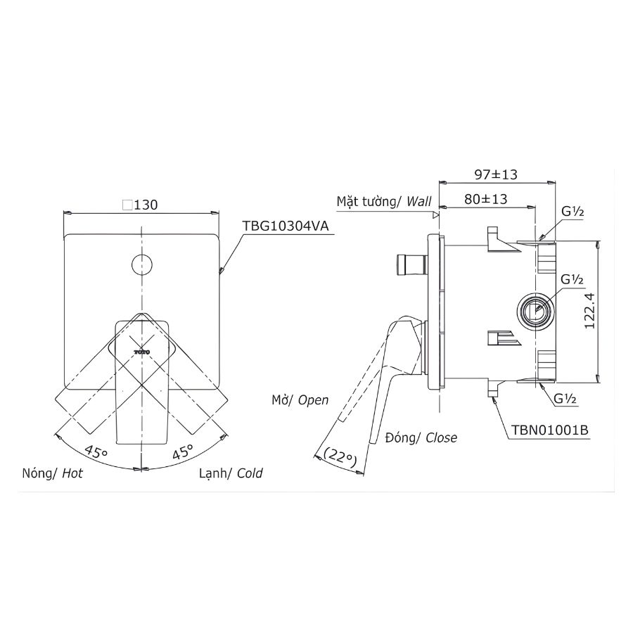 bản vẽ kích thước van điều chỉnh nhiệt độ toto tbg10304va