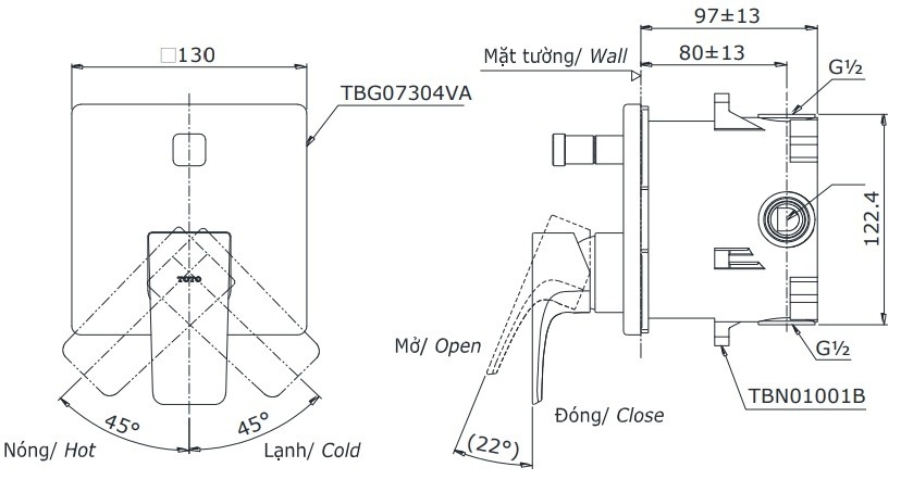 bản vẽ kích thước van điều chỉnh nhiệt độ toto tbg07304va