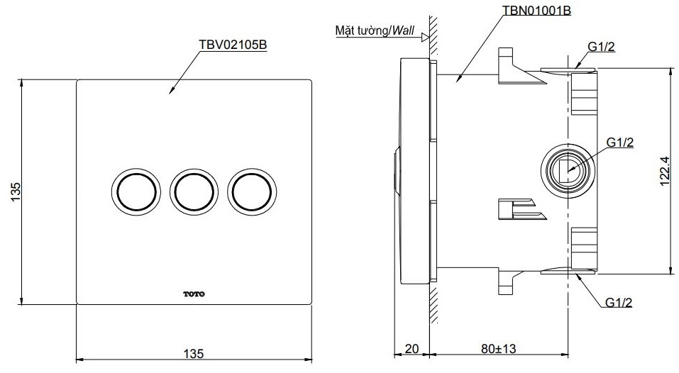 Bản vẽ kích thước van điều chỉnh nhiệt độ toto tbv02105b
