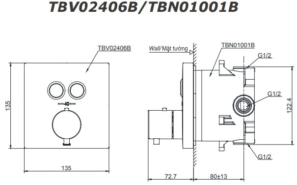 bản vẽ kích thước van điều chỉnh nhiệt độ toto tbv02406b
