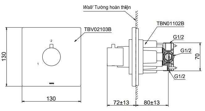 bản vẽ kích thước van chuyển hướng totot tbv02013b