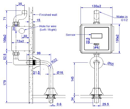 bản vẽ kích thước van xả tiểu nam cảm ứng inax okuv-30sm