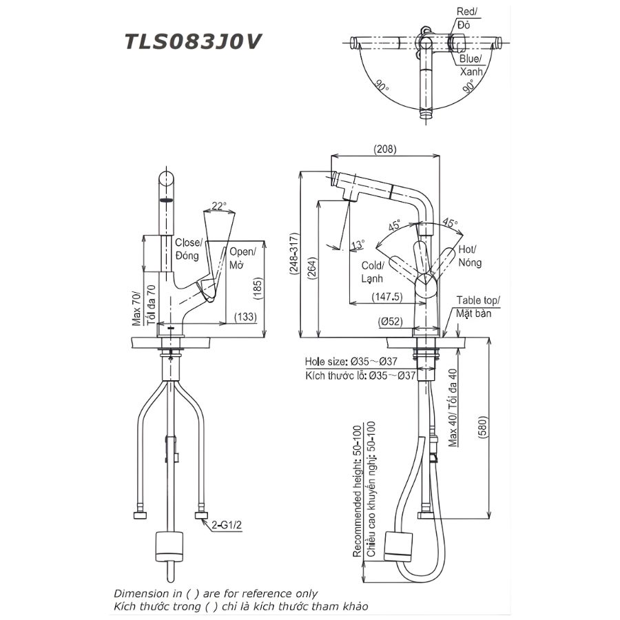bản vẽ kích thước vòi chậu dây rút nóng lạnh toto tls083j0v