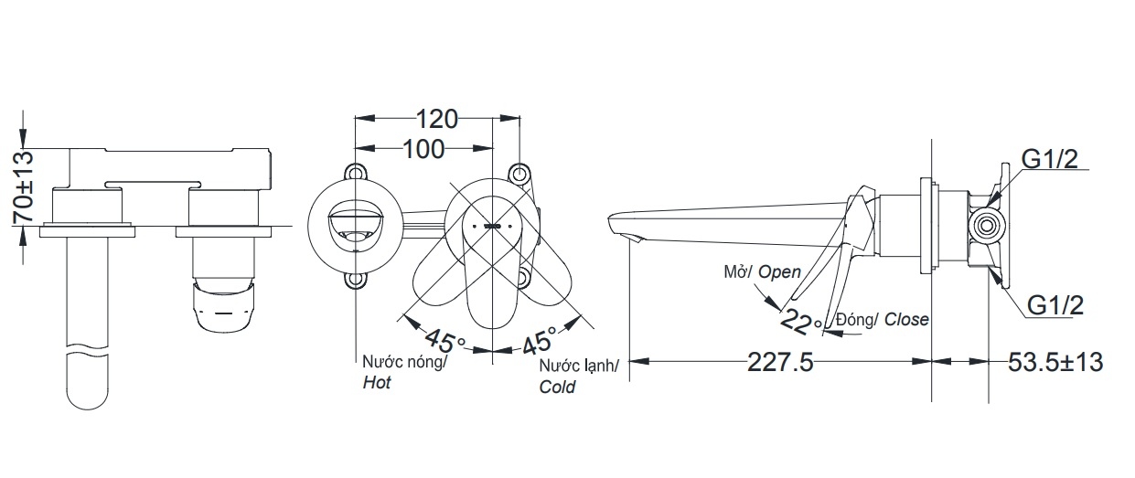 bản vẽ kích thước vòi lavabo gắn tường toto tls04308b