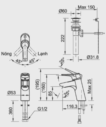 bản vẽ kích thước vòi chậu lavabo inax nóng lạnh lfv-6012s