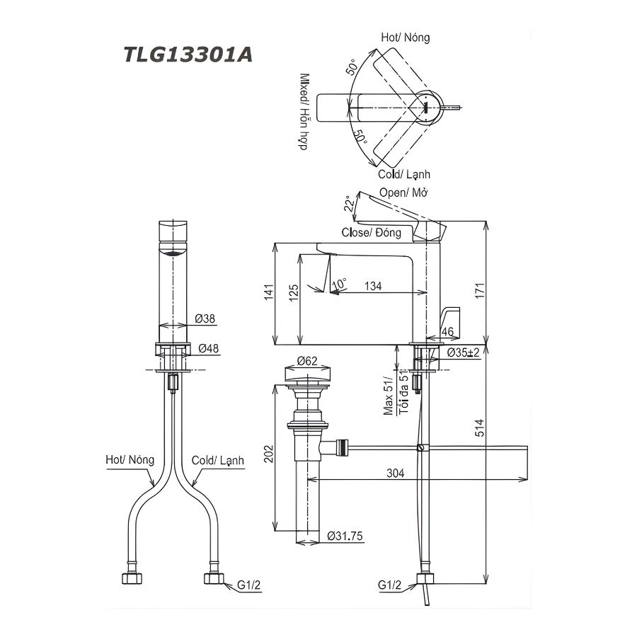 bản vẽ kỹ thuật vòi chậu lavabo toto tlg133-1a