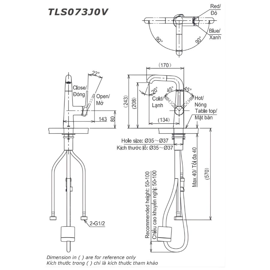 bản vẽ kích thước vòi chậu dây rút nóng lạnh toto tls073j0v