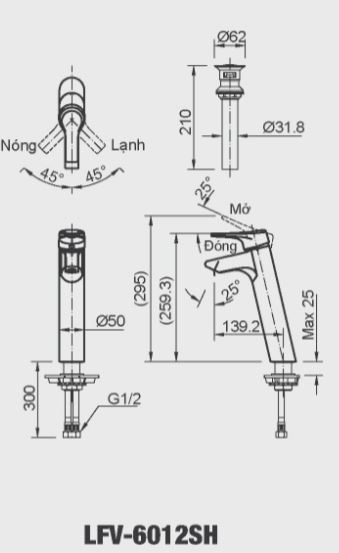 bản vẽ kích thước vòi chậu lavabo inax lfv-6012sh