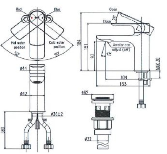 bản vẽ kích thước vòi chậu nóng lạnh inax lfv-612s