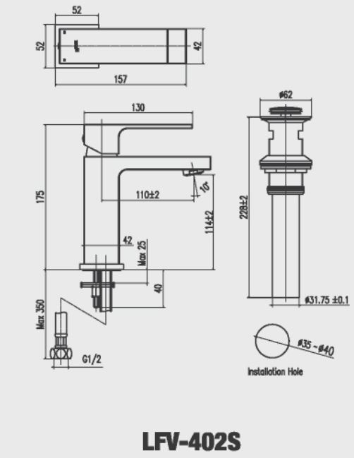 bản vẽ kích thước vòi lavabo inax nóng lạnh lfv-402s