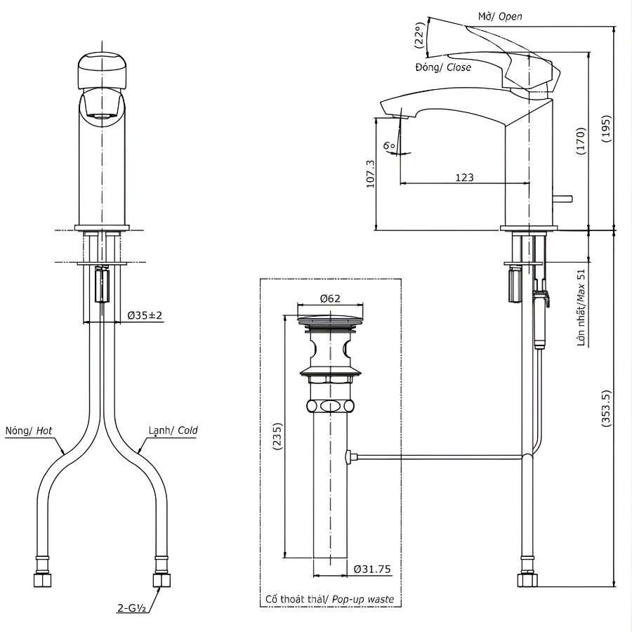 bản vẽ kích thước vòi chậu toto nóng lạnh tlg09301v
