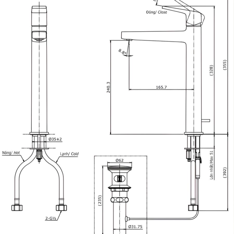 bản vẽ kỹ thuật vòi chậu nóng lạnh toto tlg10305v
