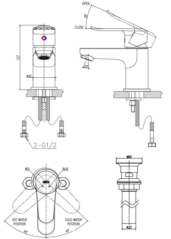 bản vẽ kích thước vòi nóng lạnh lavabo inax lfv-2012s-r