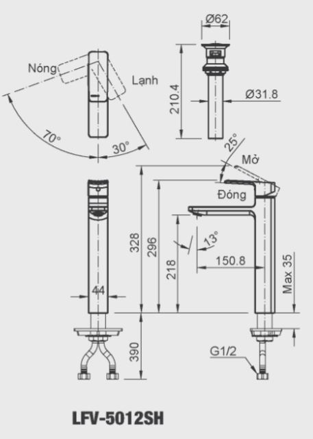 bản vẽ kích thước vòi lavabo inax lfv-5012sh