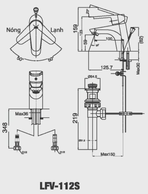 bản vẽ kích thước vòi lavabo nóng lạnh inax lfv-112s