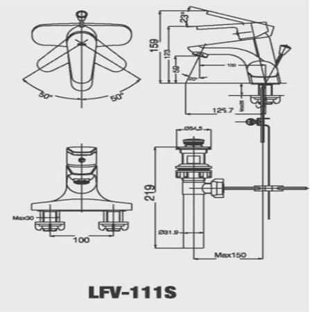 bản vẽ kích thước vòi lavabo nóng lạnh inax lfv-111s
