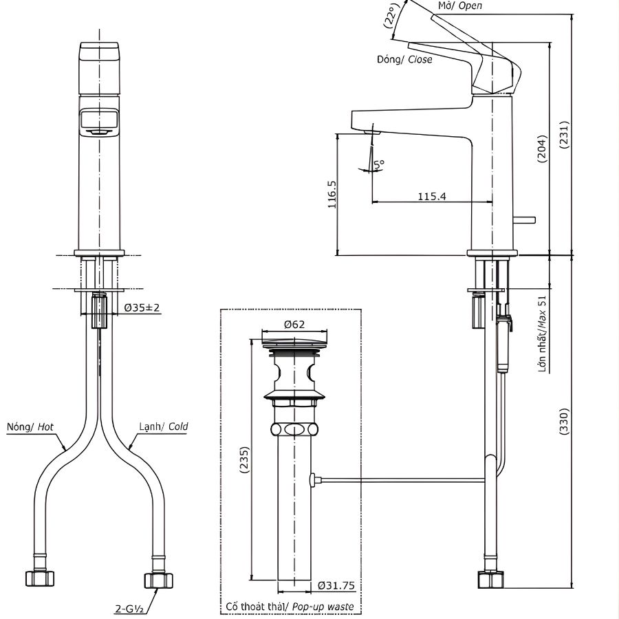 bản vẽ kỹ thuật vòi lavabo nóng lạnh tlg10301v