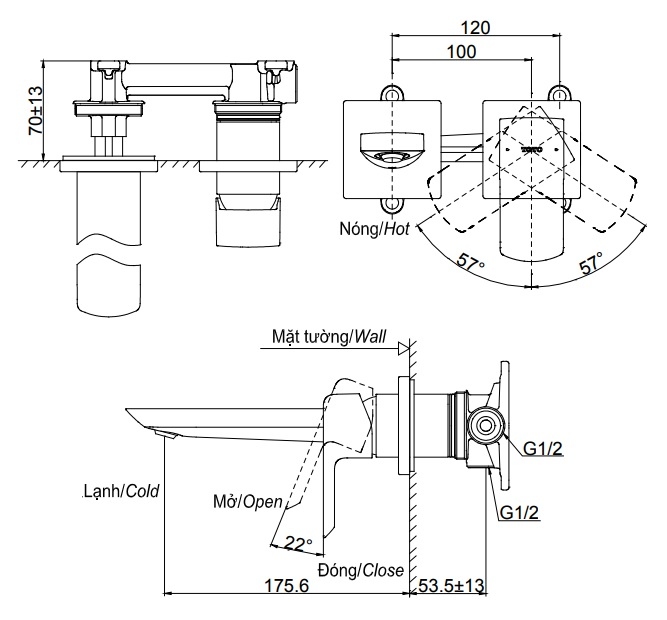 bản vẽ kích thước vòi lavabo toto nóng lạnh gắn tường tlg02310bb