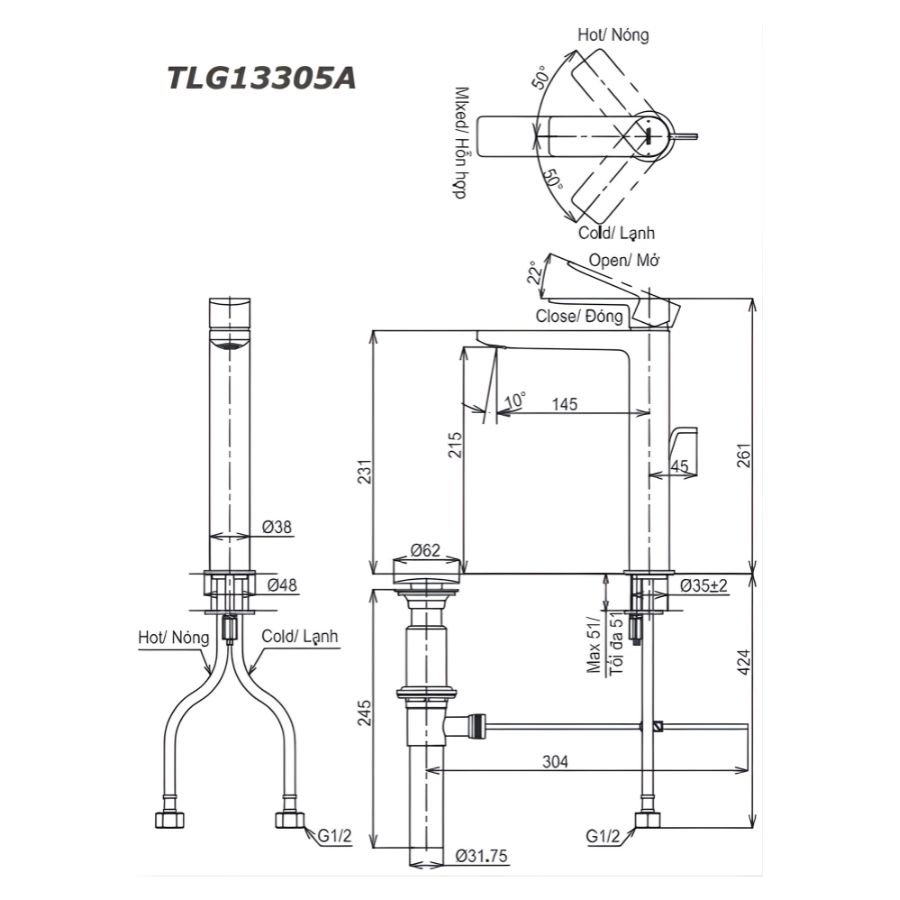 bản vẽ kích thước vòi lavabo nóng lạnh toto tlg13305a