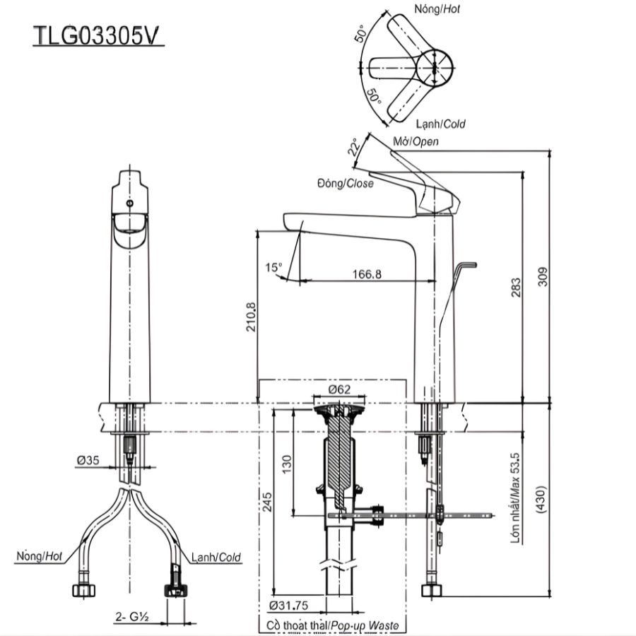 bẩn vẽ kích thước vòi chậu lavabo nóng lạnh toto tlg03305v