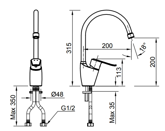 bản vẽ kích thước vòi rửa bát inax nóng lạnh sfv-2011s