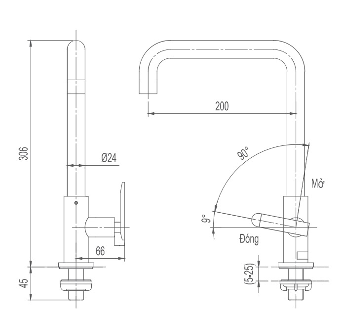 bản vẽ kích thước vòi rửa bát inax sfv-30