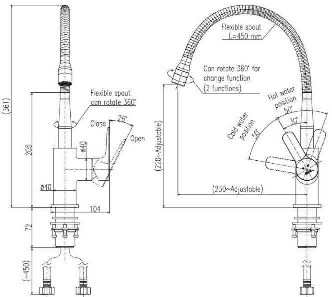 bản vẽ kích thước vòi rửa bát inax sfv-303s