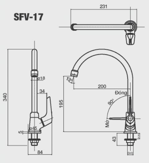 bản vẽ kích thước vòi rửa bát inax sfv-17