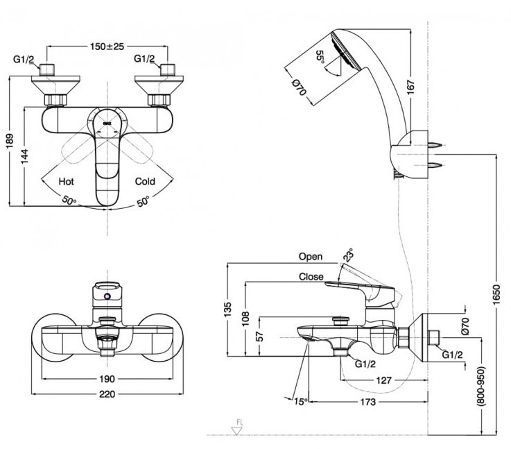 bản vẽ kích thước vòi sen gắn tường inax bfv-1403s-3c