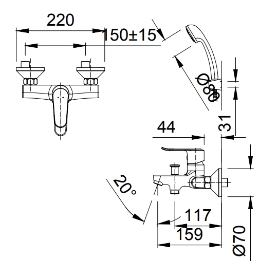 bản vẽ kích thước vòi sen tắm inax bfv-2013s