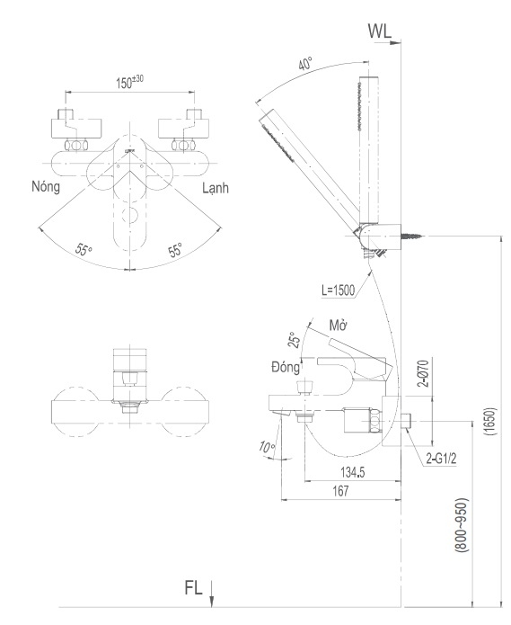bản vẽ kích thước vòi sen tắm nóng lạnh bfv-6003s