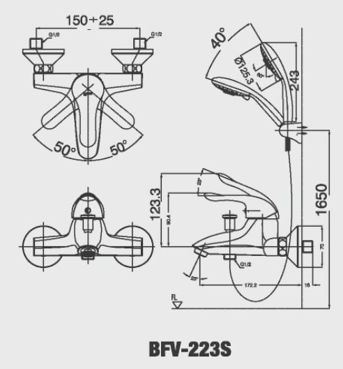 bản vẽ kích thước vòi sen tắm bfv-223s