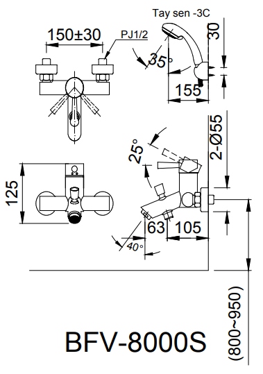 bản vẽ kích thước sen tắm inax nóng lạnh bfv-8000s-5c