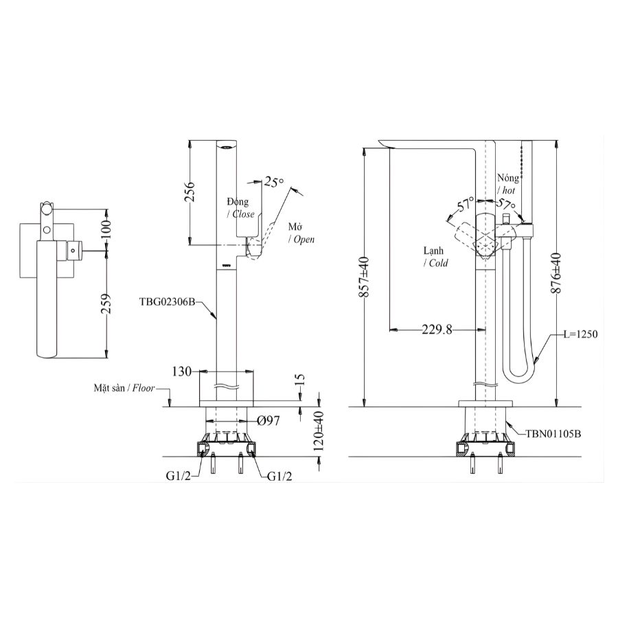 bản vẽ kích thước vòi sả bồn nóng lạnh đặt sàn tbg02306ba/tbn01105b