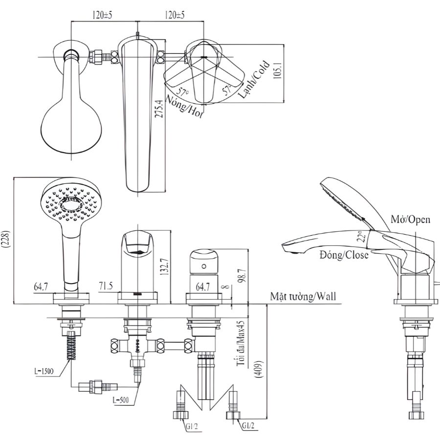bản vẽ kích thước vòi xả bồn nóng lạnh toto tbg09305aa