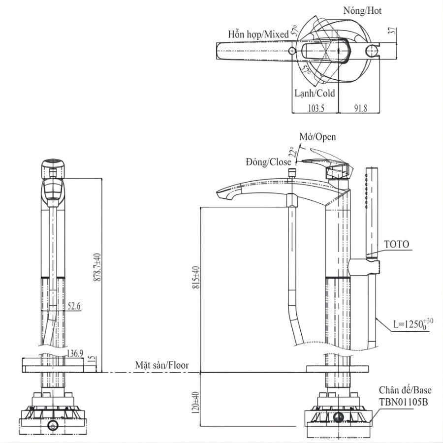 bản vẽ kích thước vòi xả bồn tắm đặt sàn toto tbg09306aa/tbn01105b