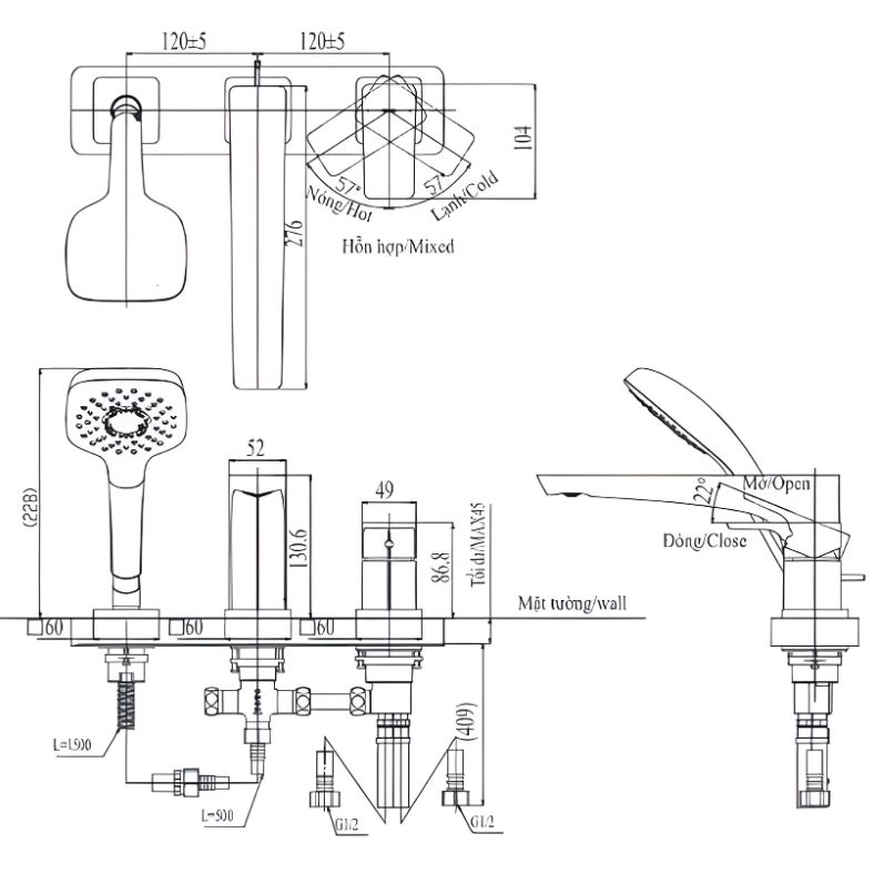 bản vẽ kích thước vòi xả bồn tắm toto tbg07305aa