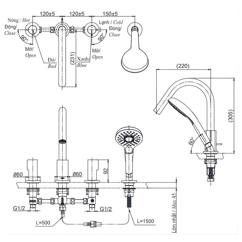 bản vẽ kích thước vòi xả bồn tắm toto tbg11202a