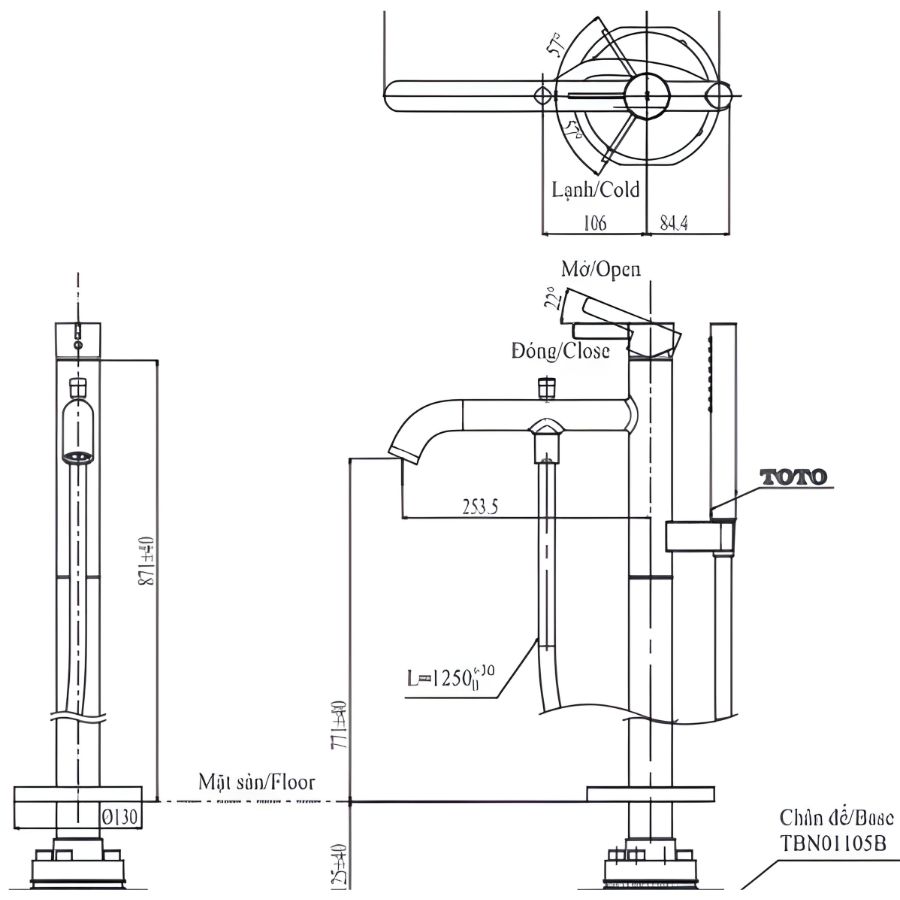 bản vẽ kích thước vòi xả bồn tắm toto nóng lạnh đặt sàn tbg11306aa/tbn01105b