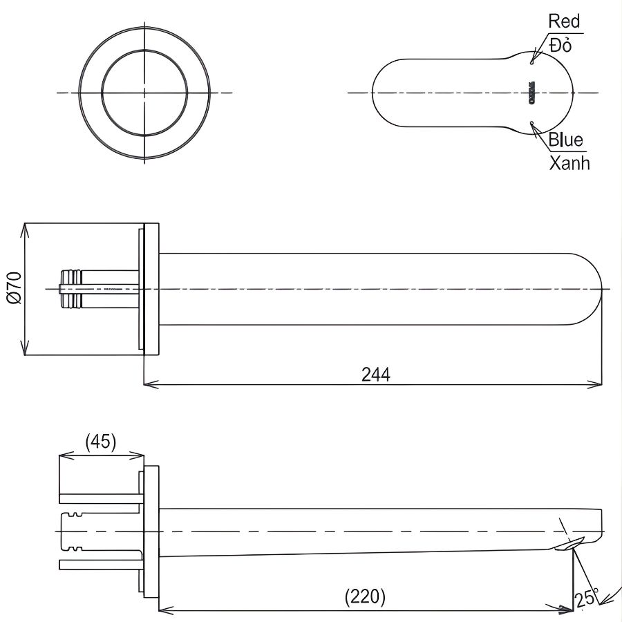 bản vẽ kích thước vòi xả bồn toto tls06308a