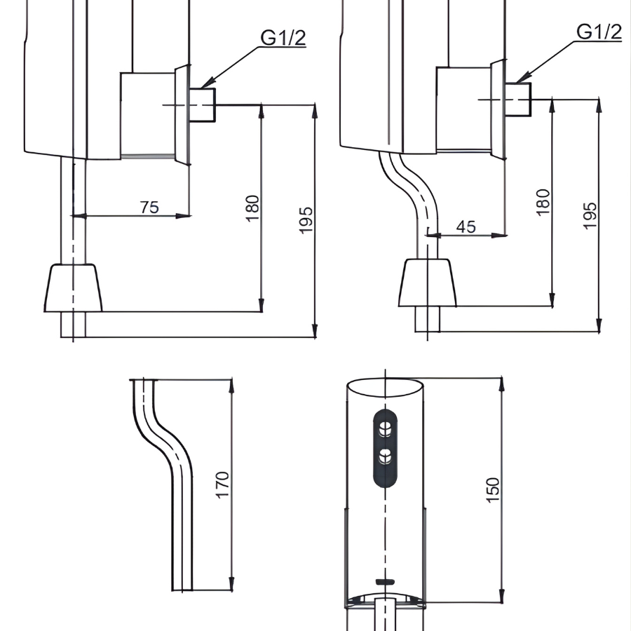 bản vẽ kích thước van xả tiểu nam cảm ứng toto due137pbk